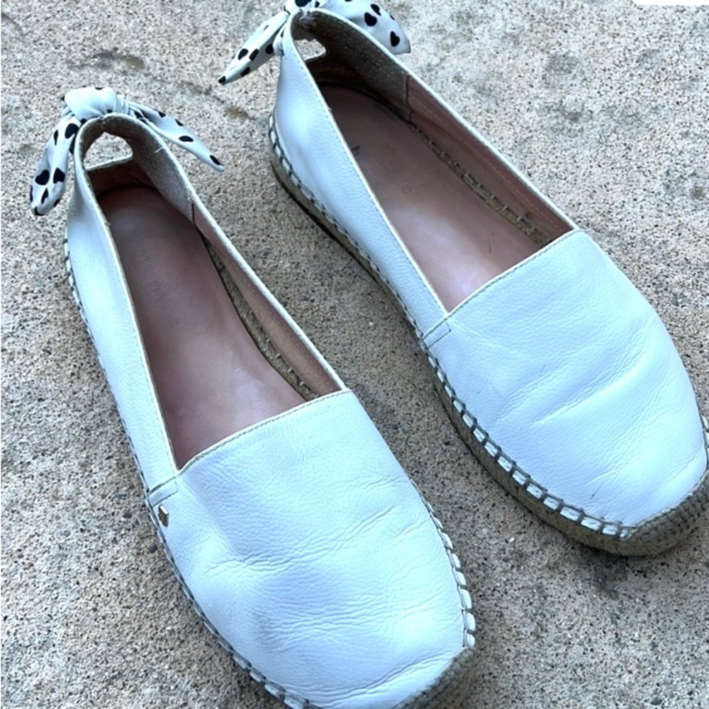 Kate Spade White Leather Espardrille Polka Dot Tie Loafers Women's Size 8